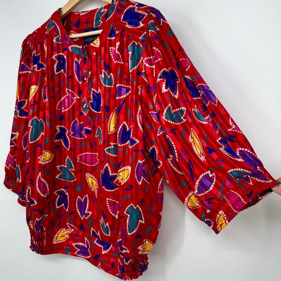 Vintage Mayeelok Paris Skirt Blouse Set Womens M Red Colorful Pleated Midi Satin - Picture 4 of 11